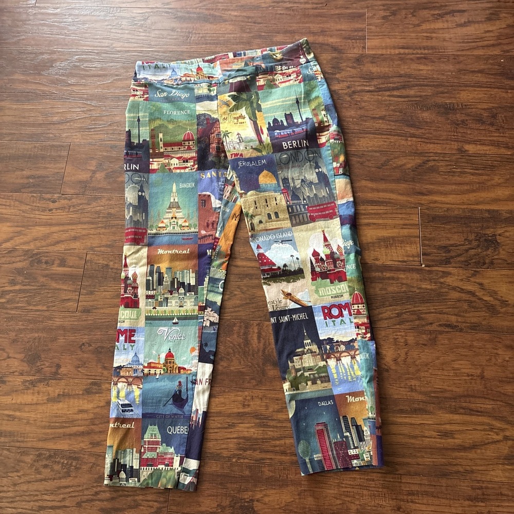 Charlie B Women's Patchwork Global Landmarks Pull On Crop Pants Sz 12